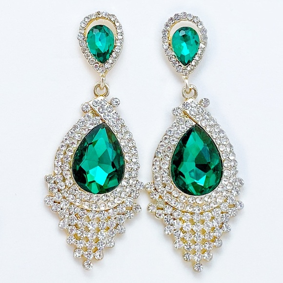 Prom Pageant Bridal Jewelry - Green Crystal Rhinestone Event Earrings e2 Prom Pageant Bridal Jewelry - Green Crystal Rhinestone Event Earrings e2